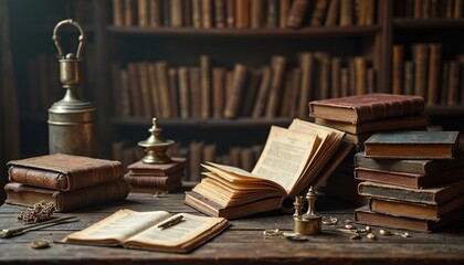 Antique books arranged on dusty wooden table within vintage library study. Shelves filled with aged literature create historical scene. Open book with parchment pages, weathered leather bindings