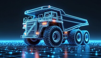Digital wireframe illustration of mining dump truck, rendered with glowing blue lines against dark background. Features intricate details like tires, headlights, suggesting advanced engineering,