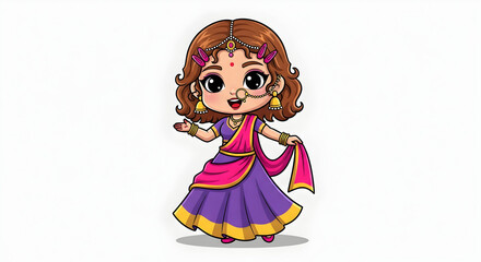 Dancing Chibi Girl in Purple and Pink Lehenga – Festive Indian Cartoon Character Illustration