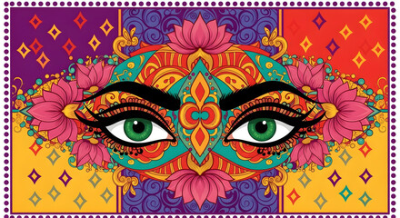 Divine Eyes Mandala – Vibrant Indian Folk Art Pattern with Floral Ornaments Illustration