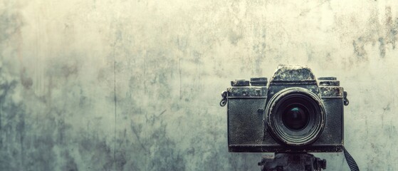 Vintage camera on tripod dusty texture background grunge style