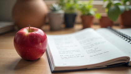 Red apple and open notebook on wooden table. Seasonal pie recipe book with juicy red apple on desk. Autumnal still life concept for seasonal recipes and baking blogs.