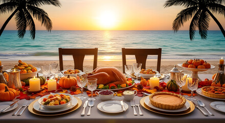 Thanksgiving beach dinner at tropical sunset with roasted turkey, pumpkins, candles and pies on table by the ocean, vacation concept