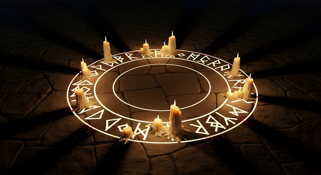 Occult ritual magic circle with glowing runic symbols and melting candles on stone floor, dark moody fantasy scene, background Halloween concept