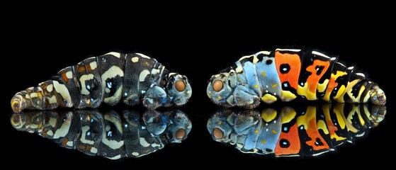 Fototapeta premium Macro photography of two colorful caterpillars with detailed patterns and reflections
