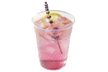 pink gin and tonic with lavender and lemon in a plastic cup