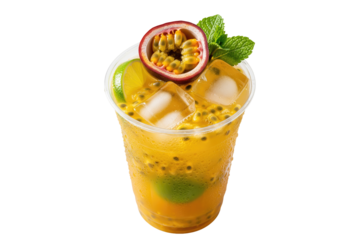 tropical passion fruit drink with lime and mint in a to-go cup