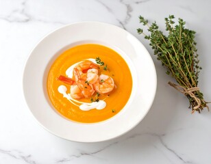 Creamy orange soup with shrimp and thyme