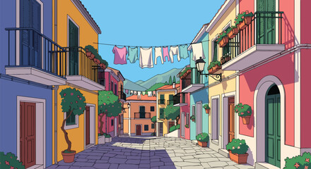 Vector illustration of colorful Mediterranean street with laundry hanging, balconies with flowers, cobblestone path, and mountains in background, symbolizing travel, culture, and charming local