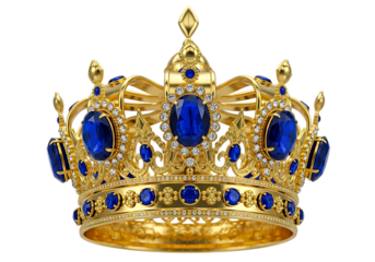 Ornate golden crown adorned with large blue sapphires and small diamonds isolated on a transparent background
