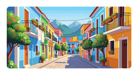 Vector illustration of colorful Mediterranean street with laundry hanging, balconies with flowers, cobblestone path, and mountains in background, symbolizing travel, culture, and charming local