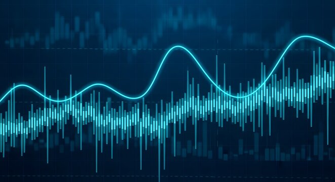 Cyan Financial Data Display: An Undulating Line Graph and Dynamic Bar Chart Showcasing Market Trends Against a Deep Blue, High-Tech Background, Hinting at Complex Analytical Insights!