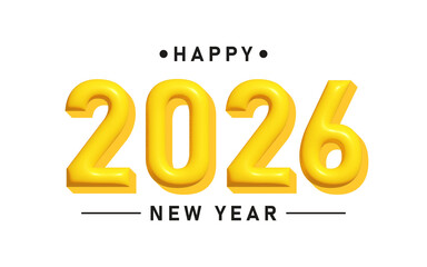 Happy 2026 New Year 3D Text Bold Yellow Typography on White Festive Celebration Graphic PNG