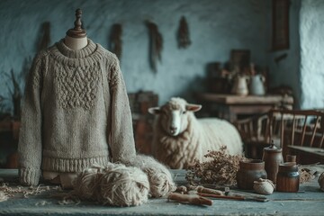 Fototapeta premium Shepherd shearing a sheep and crafting wool into a finished sweater displayed on a mannequin in a rustic workshop