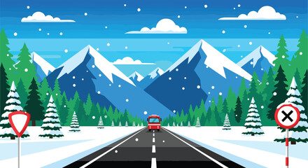 Vector illustration of scenic winter road leading through snowy forest with pine trees and mountains, symbolizing holiday travel, adventure, and nature landscape in cold season