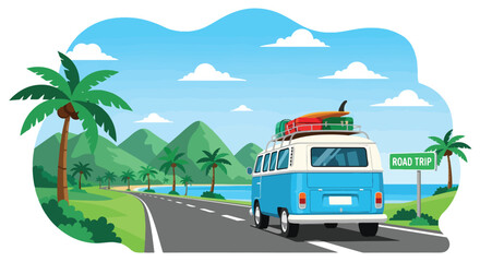 Vector illustration of retro van on tropical road trip with surfboard and luggage, palm trees, ocean, and mountains, symbolizing summer vacation, adventure travel, and freedom
