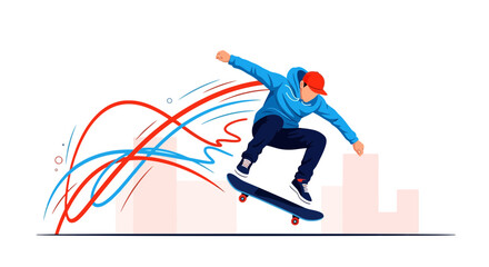 Fototapeta premium Dynamic Skateboarding Scene Depicted in Vibrant Colors With City Silhouette Background