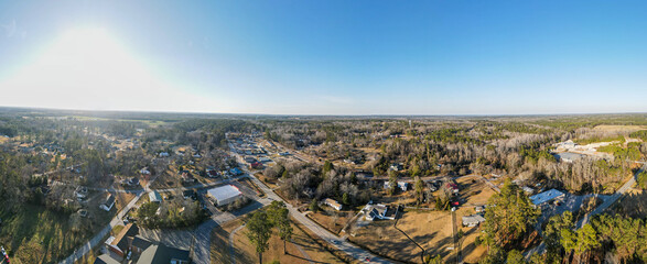 Aerial landscape rural Dearing in winter after Hurricane Helene in McDuffie Augusta Georgia