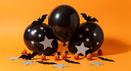 Three black balloons with silver stars/bats, surrounded by miniature pumpkins/bats on orange background, a festive Halloween scene for party invitations or spooky designs