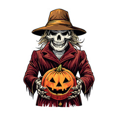 A tattoo style drawing of A creepy scary scarecrow hand holding a creepy scary jack o lantern