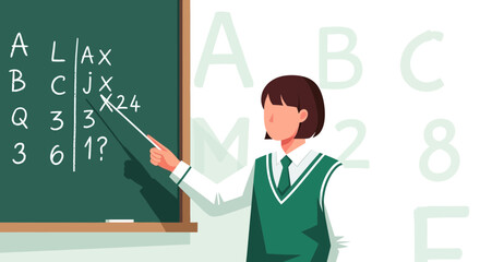 Educator Explaining Equations On Blackboard, School Teacher, Schoolroom, Education Concept