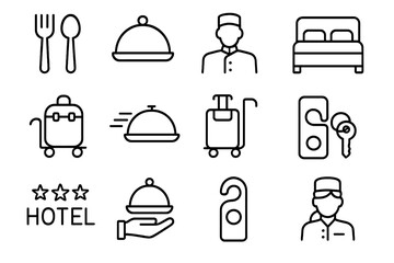 Hospitality icons represent services such as dining, accommodations, and luggage assistance at a hotel