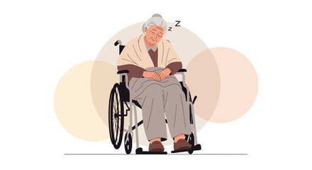 Elderly Woman Napping Peacefully in a Wheelchair with Gentle Circles Background