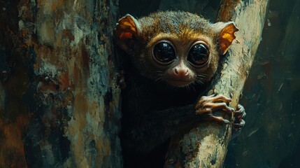 Fototapeta premium Close-up of a young tarsier clinging to a tree branch.