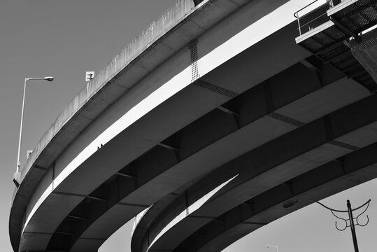 Pigeons Resting Beneath a Massive Bridge in Sunlight