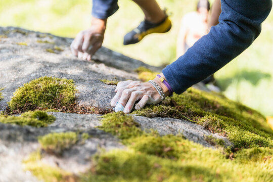 Climber's Chalked Hands Gripping Mossy Rock