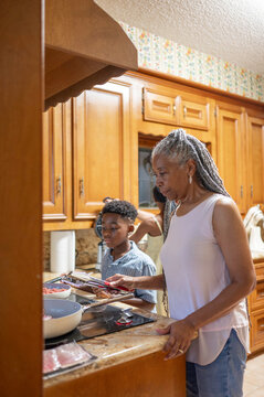 Cooking breakfast with grandma in the kitchen 