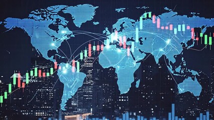 A digital pixelated world map is overlaid with financial candlestick charts and connecting lines Below a blurred city skyline at night features glowing buildings and bar graphs - Powered by Adobe