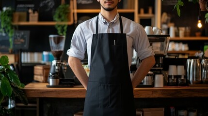 Man in a cafe, apron view, cafe background generative ai