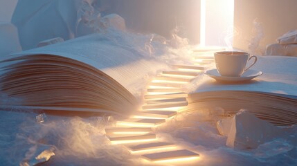 The Readers Ascent - A Luminous Stairway Through a Surreal, Snowy Book World.