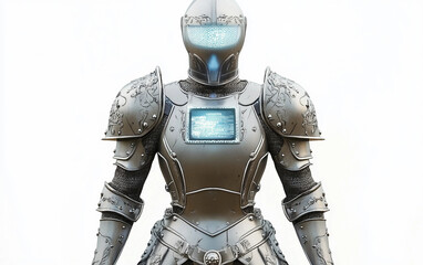 Medieval armor with a built in touchscreen integrated for futuristic design isolated on transparent background PNG