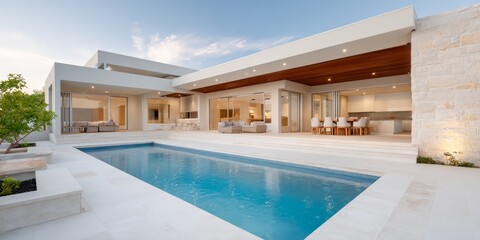Fototapeta premium Large white house with a pool and a patio
