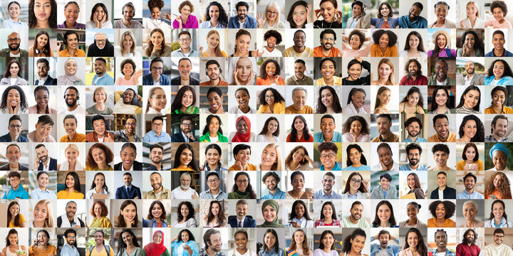 This portrait collage features a vibrant mix of happy individuals from various backgrounds. Each face reflects joy and diversity, celebrating the beauty of multiethnic connections and lifestyles.
