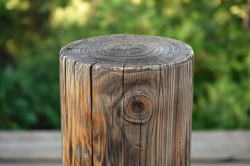 Naklejka premium Close-up of a weathered wooden post, showing its grain and texture against a blurred green background.