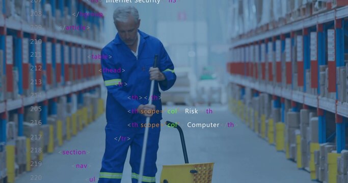 Mopping custodian guiding mop into yellow wringer bucket in warehouse aisle, with code overlay