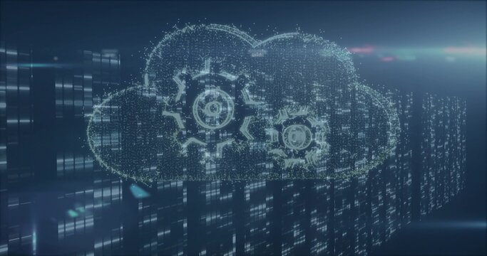 Displaying holographic cloud icon in virtual datacenter, with gears, grid lines and data streams