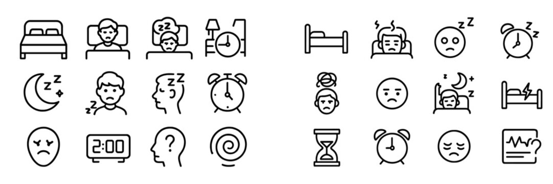 Sleep-related icons depicting various sleep states, problems, and related items in a clean, minimalistic design