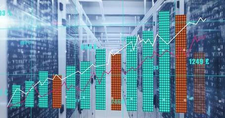 Displaying colored bar chart rising across data center corridor, with server racks, code streams