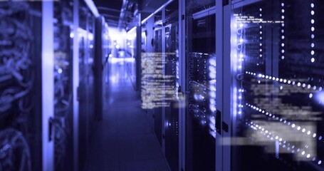 Server rack blinking blue LED lights in data center hallway, with blurred code overlays, copy space