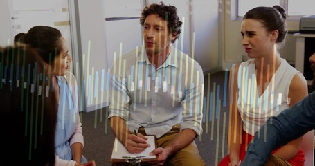 Facilitator in blue shirt holding clipboard guiding discussion in meeting room, data bars overlay