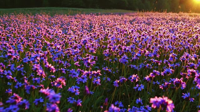 A breathtaking video captures a low-angle view of a vast field of purple flowers at sunset, highlighting nature's beauty and tranquility.