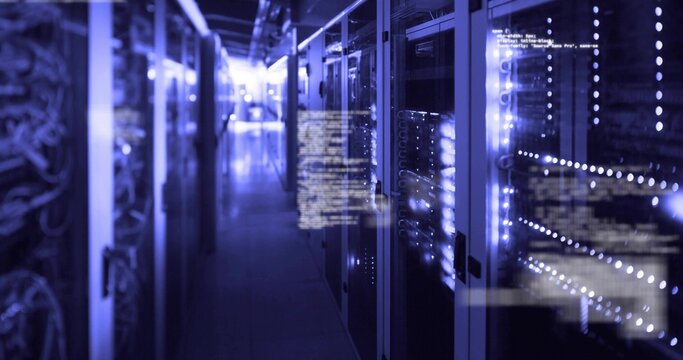 Server rack blinking blue LED lights in data center hallway, with blurred code overlays, copy space
