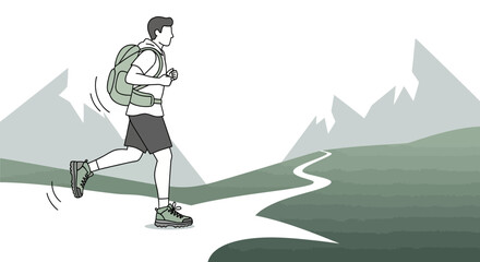 Energetic Hiker Navigating Mountain Trail, Adventure, Running, Achieving Goals or Travel