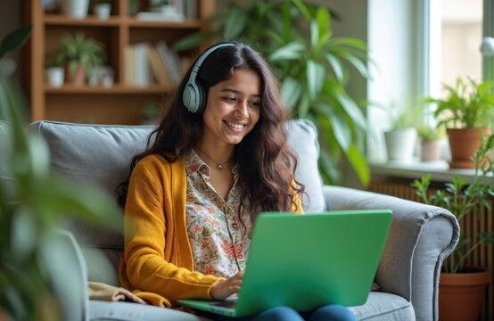 Young Indian woman with headphones smiles working on laptop at home desk. Engaging in online education, business, communication. Student learning lesson, attending virtual meeting class. Positive