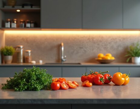 Modern kitchen setup for healthy meal planning. Fresh tomatoes and herbs on counter. Sleek cabinets, bright lighting, vibrant colors suggest AR nutritional guide integration.