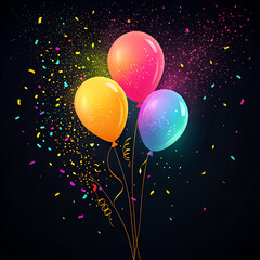 Black background with neon balloons and glowing confetti, modern party poster design.